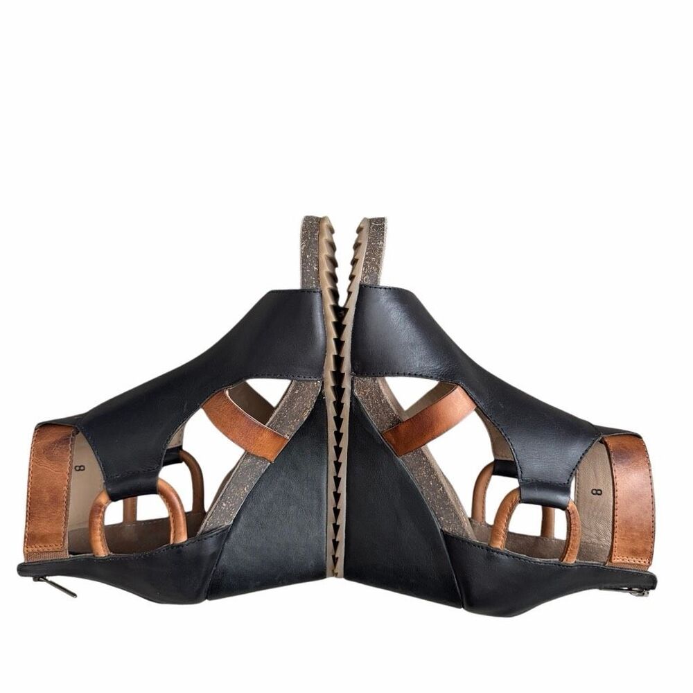 Diba True Night Out EUC 8M Leather Wedge Sandals Black Brown Peep Toe Comfort - Picture 6 of 12